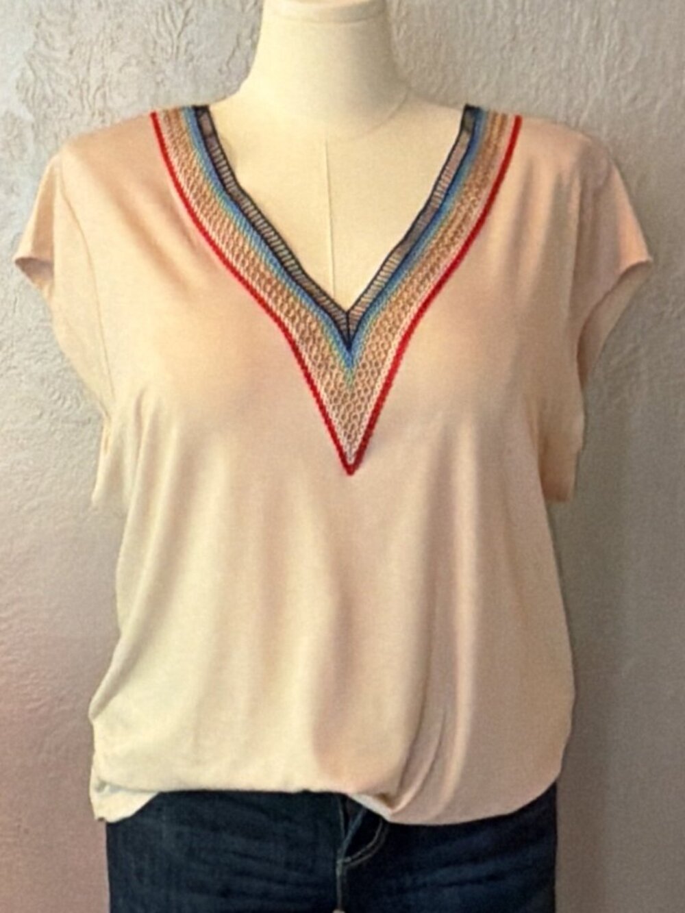 NIP Rainbow Crochet Embroidered V-Neck Nude Blush Top Cotton Blend Boho XXL